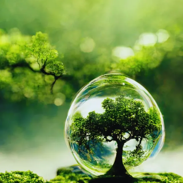 Un arbre miniature dans une sphère de verre posée sur la mousse, au milieu d’une forêt